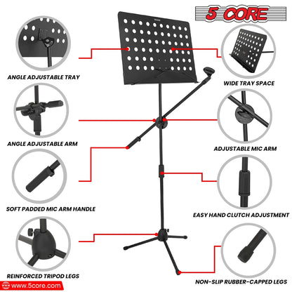 5Core Music Stand for Sheet Music Portablr Folding Tripod + Detachable Mic Holder