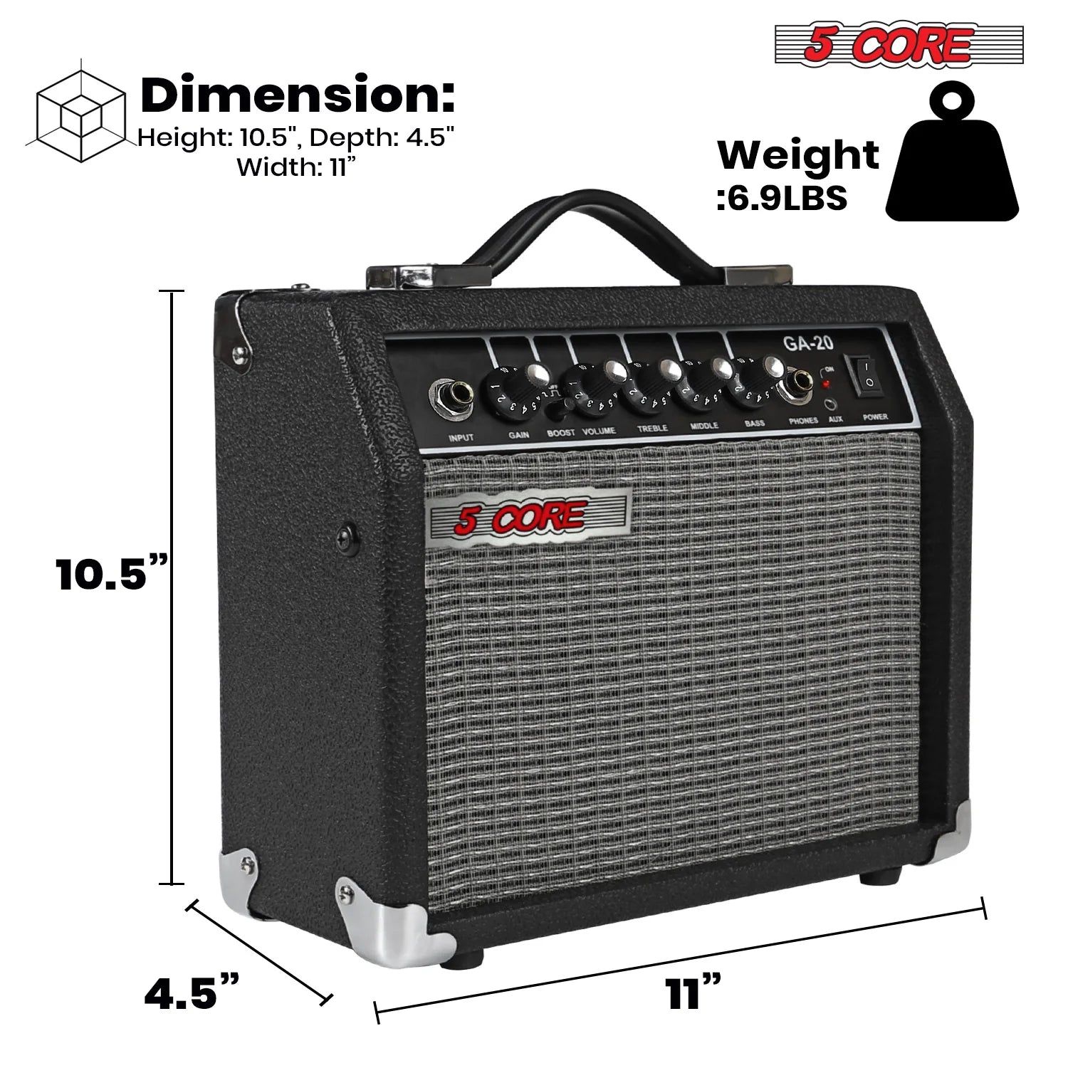 5 Core Guitar Amp 20W Electric Bass Acoustic Portable Amplifier Practice Amplificador