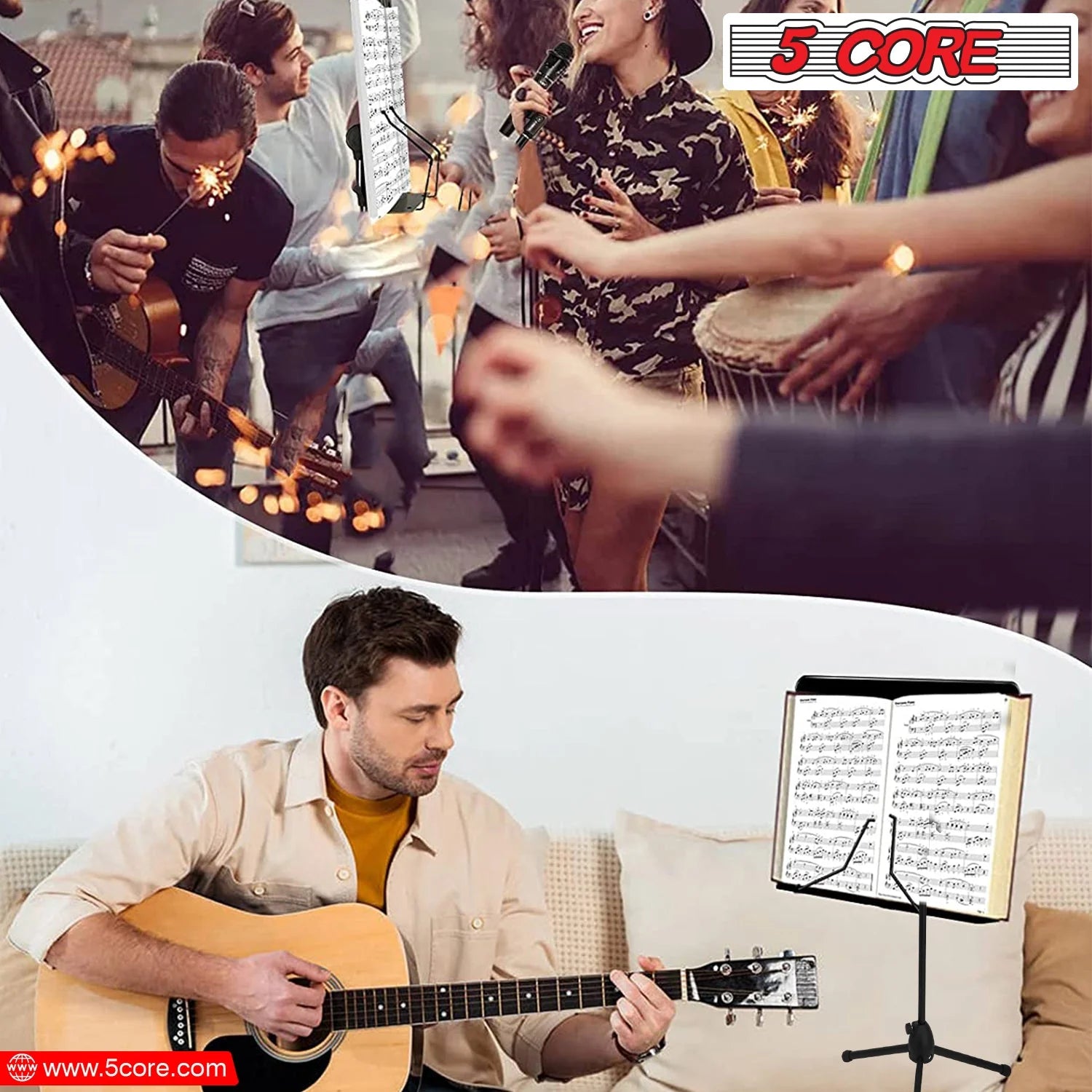 5Core Music Stand for Sheet Music Portablr Folding Tripod + Detachable Mic Holder