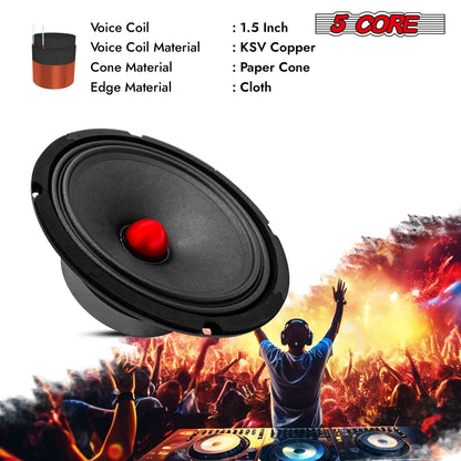5Core 8 Inch Midrange Door Speaker 500W Subwoofer W Aluminum Bullet 8Ω Sub Woofer