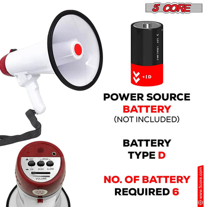 5Core Megaphone Bullhorn Speaker 50W Bull Horn Cheer Megafono 300 Meter